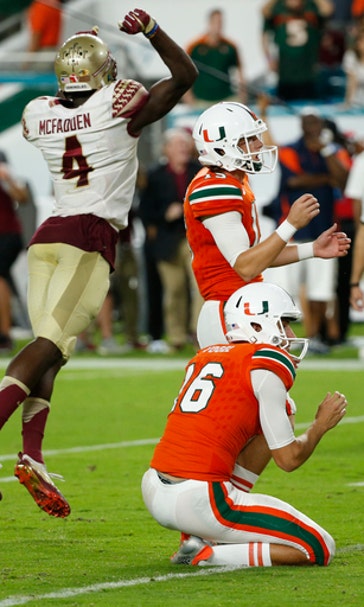 On a blocked PAT, No. 23 FSU beats No. 10 Miami 20-19